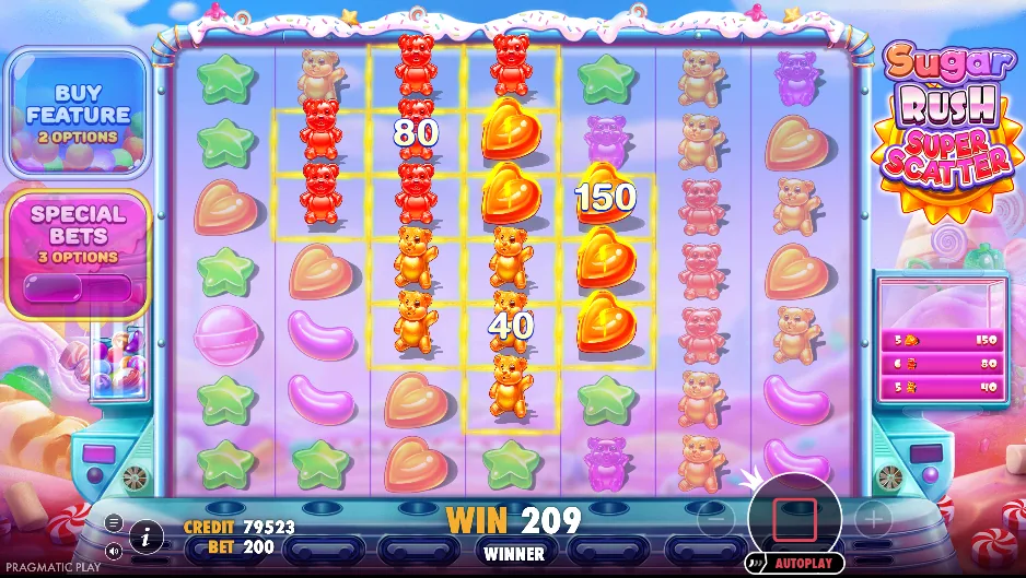 Sugar Rush Super Scatter bonus round with multiplier columns — x80, x40, x150 on bear positions