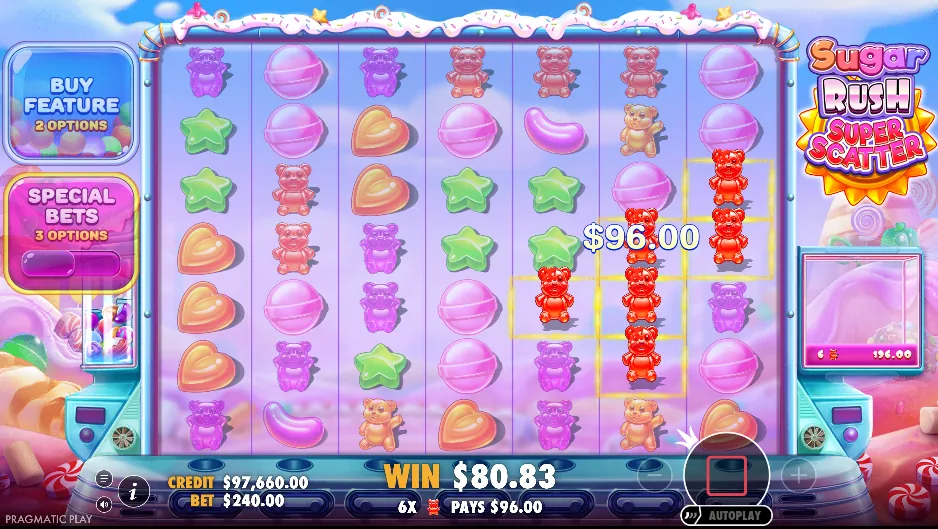 Sugar Rush Super Scatter cluster pays cascade — 6 red bears forming a $96 cluster